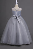 Tulle A-Line Col rond Robes blanches pour filles avec appliques