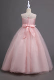 Tulle A-Line Col rond Robes blanches pour filles avec appliques