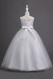 Tulle A-Line Col rond Robes blanches pour filles avec appliques