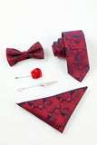 Bourgogne Jacquard Homme 5 pièces Accessoire Set Cravate et Nœud Papillon Poche Carré Fleur Revers Épingle Cravate Clip