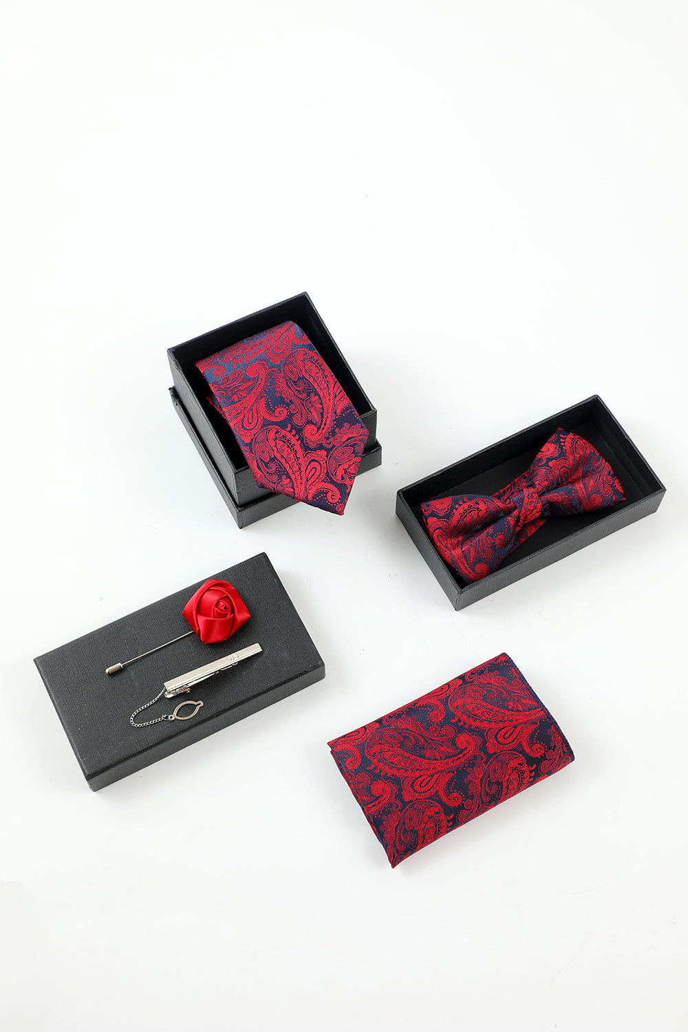 Bourgogne Jacquard Homme 5 pièces Accessoire Set Cravate et Nœud Papillon Poche Carré Fleur Revers Épingle Cravate Clip