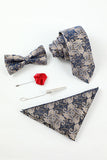 Navy Homme Jacquard 5 pièces Accessoire Set Cravate et Nœud Papillon Poche Carré Fleur Revers Pin Tie Clip