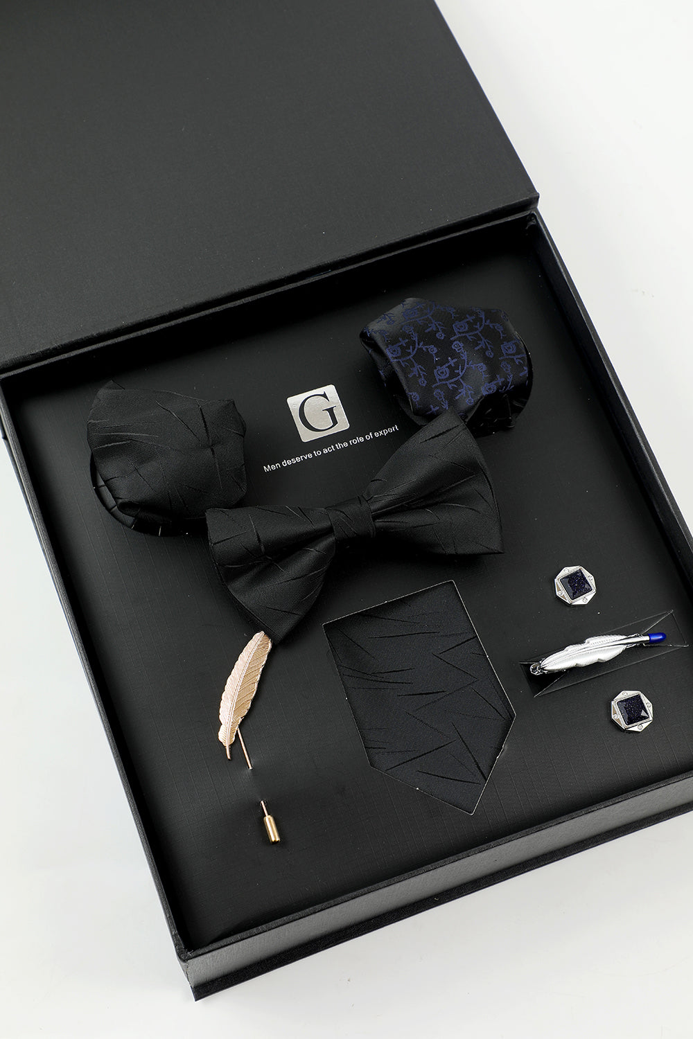 Ensemble d’accessoires pour hommes noirs Cravate et nœud papillon Deux poches carrées épingle à épingles Clip Boutons de manchette