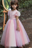 A-Line Tulle Robe de fille fleur rose avec paillettes