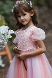 A-Line Tulle Robe de fille fleur rose avec paillettes