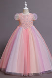 A-Line Tulle Robe de fille fleur rose avec paillettes