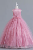 A-ligne Tulle Blush Robes de demoiselle d'honneur pour fille avec nœud papillon