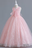 A-ligne Tulle Blush Robes de demoiselle d'honneur pour fille avec nœud papillon