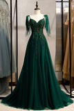 A-ligne Spaghetti Bretelles Robe de bal vert foncé avec perles