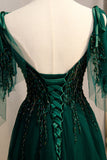 A-ligne Spaghetti Bretelles Robe de bal vert foncé avec perles