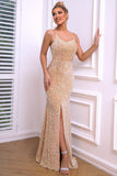 Champagne Spaghetti Bretelles sirène robe de bal avec fente