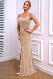 Champagne Spaghetti Bretelles sirène robe de bal avec fente