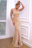 Champagne Spaghetti Bretelles sirène robe de bal avec fente