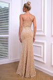 Champagne Spaghetti Bretelles sirène robe de bal avec fente