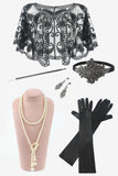 Noir Six Pièces Headpiece Golve Boucles d’oreilles Ensembles d'accessoires de fête des années 20