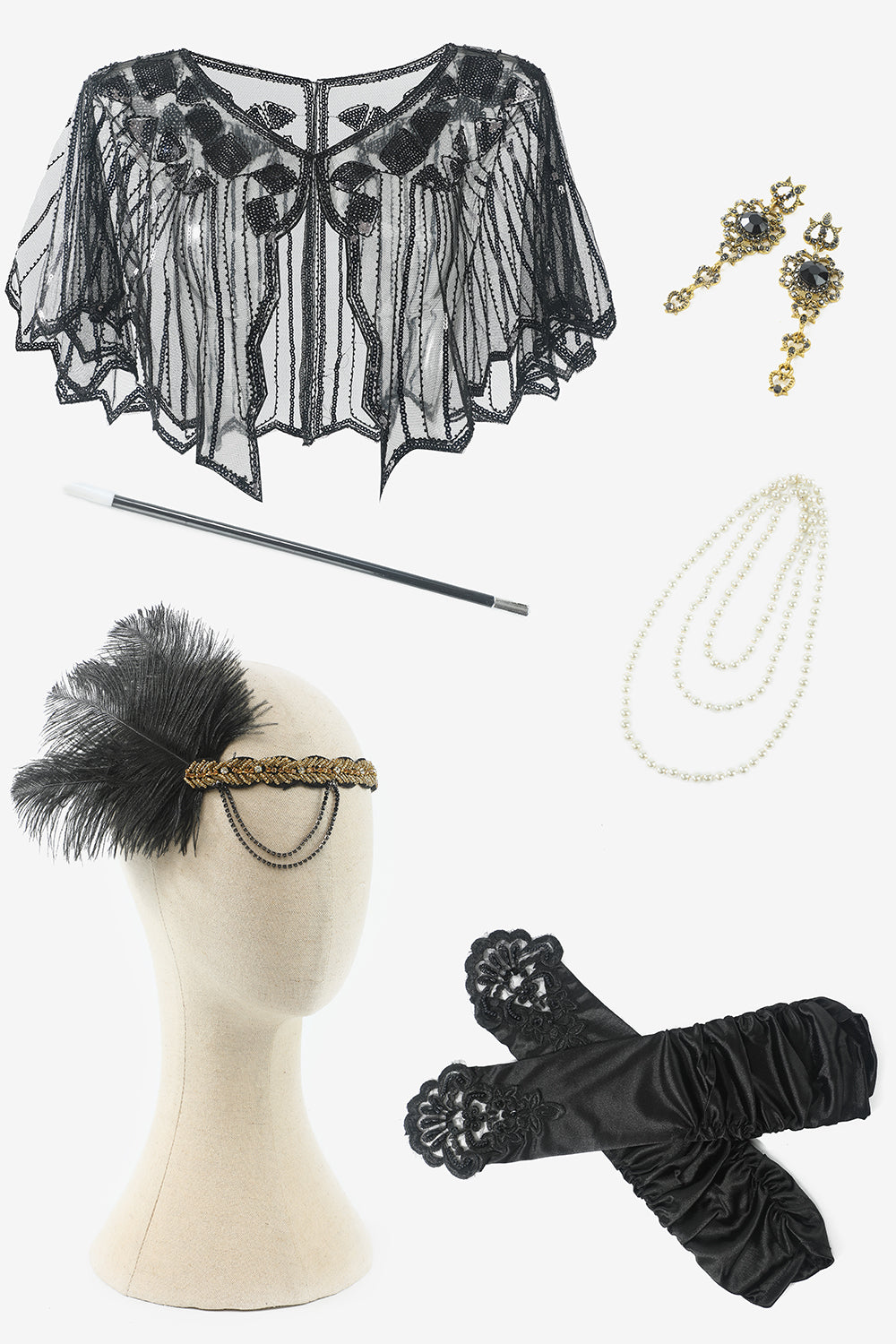 Noir Six Pièces Wrap Headpiece Ensemble d'accessoires de fête des années 20