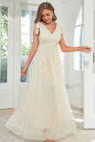 Robe d’invité de mariage longue en dentelle d’abricot avec nœud papillon