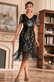 Black Champange V Col Frange 1920s Robe Gatsby avec paillettes