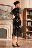 Black Champange V Col Frange 1920s Robe Gatsby avec paillettes