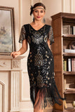 Black Champange V Col Frange 1920s Robe Gatsby avec paillettes