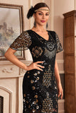 Black Champange V Col Frange 1920s Robe Gatsby avec paillettes