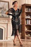 Black Champange V Col Frange 1920s Robe Gatsby avec paillettes