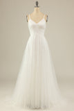 Blanc Une ligne Spaghetti Strats Tulle Long Robe de mariée