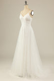 Blanc Une ligne Spaghetti Strats Tulle Long Robe de mariée