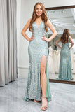 Sparkly Light Green Sequins Mermaid Backless Long Prom Dress With Slit