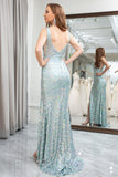 Sparkly Light Green Sequins Mermaid Backless Long Prom Dress With Slit