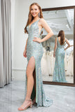 Sparkly Light Green Sequins Mermaid Backless Long Prom Dress With Slit