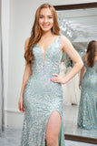 Sparkly Light Green Sequins Mermaid Backless Long Prom Dress With Slit