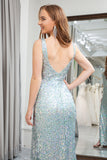 Sparkly Light Green Sequins Mermaid Backless Long Prom Dress With Slit