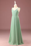 A-line Long Chiffon Matcha V-col Spaghetti Sangles Junior Bridesmaid Robe