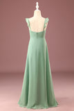 A-line Long Chiffon Matcha V-col Spaghetti Sangles Junior Bridesmaid Robe