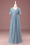 A-line Chiffon col V Longueur du sol Manches courtes Robe de demoiselle d’honneur junior