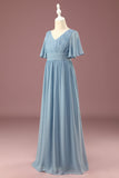 A-line Chiffon col V Longueur du sol Manches courtes Robe de demoiselle d’honneur junior