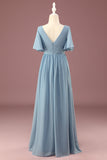 A-line Chiffon col V Longueur du sol Manches courtes Robe de demoiselle d’honneur junior