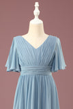 A-line Chiffon col V Longueur du sol Manches courtes Robe de demoiselle d’honneur junior