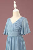 A-line Chiffon col V Longueur du sol Manches courtes Robe de demoiselle d’honneur junior