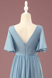 A-line Chiffon col V Longueur du sol Manches courtes Robe de demoiselle d’honneur junior