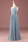 Dusty Blue One Shoulder A-line Chiffon Plissé Longueur du sol Junior Bridesmaid Dress