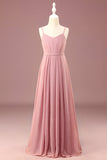 Dusty Rose A-line Chiffon Spaghetti Straps Long plissé Junior Bridesmaid Dress
