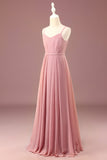 Dusty Rose A-line Chiffon Spaghetti Straps Long plissé Junior Bridesmaid Dress