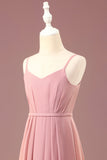 Dusty Rose A-line Chiffon Spaghetti Straps Long plissé Junior Bridesmaid Dress
