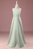 Matcha Satin A-line Halter Sans manches Long Junior Bridesmaid Dress