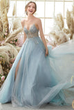 Robe de bal à bretelles spaghetti en tulle perlé bleu clair
