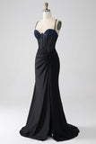 Robe de bal longue Corset à bretelles spaghetti sirène noire avec perles