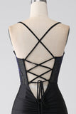 Robe de bal longue Corset à bretelles spaghetti sirène noire avec perles