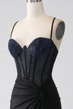 Robe de bal longue Corset à bretelles spaghetti sirène noire avec perles